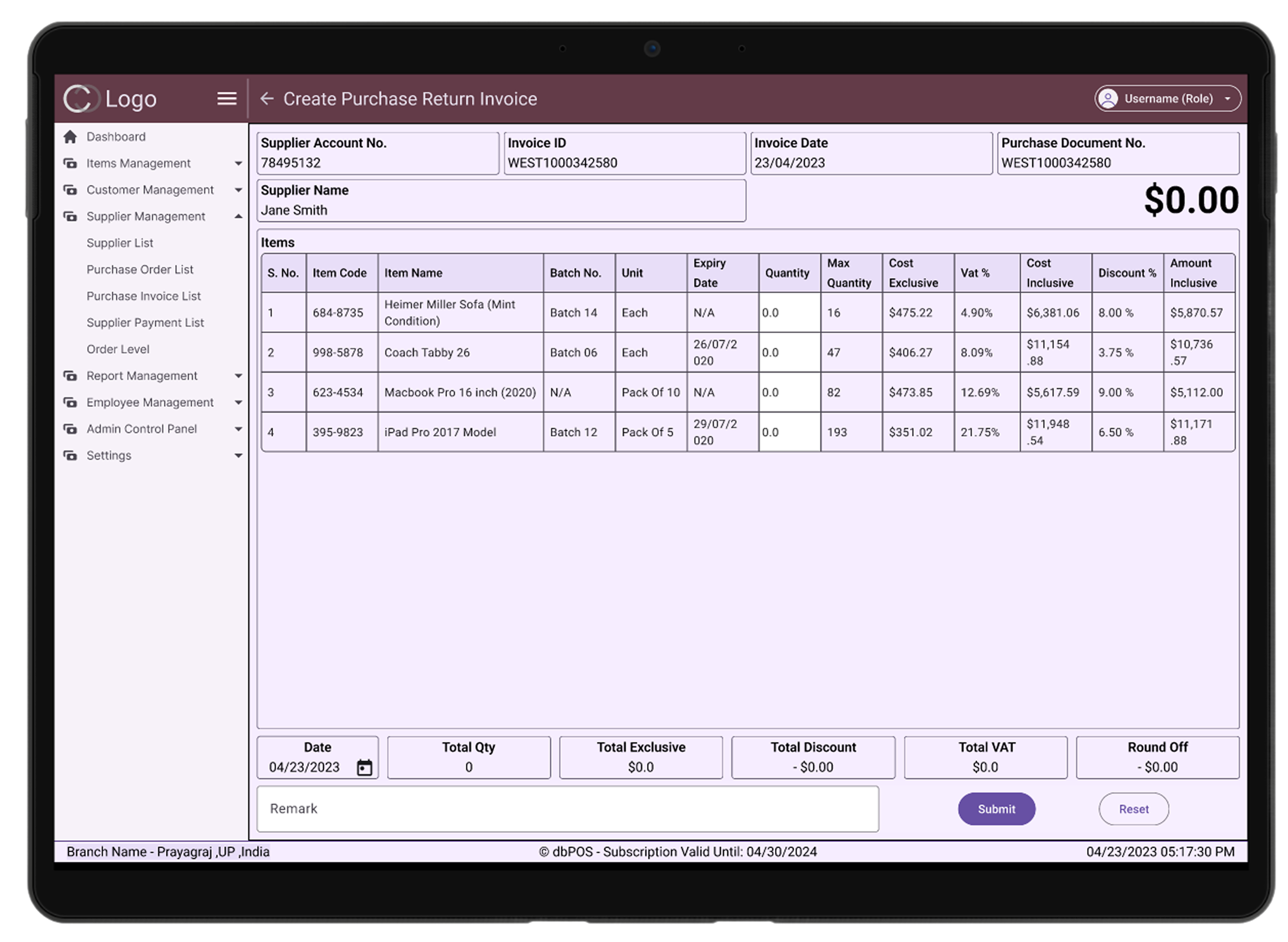 Create Return Invoice